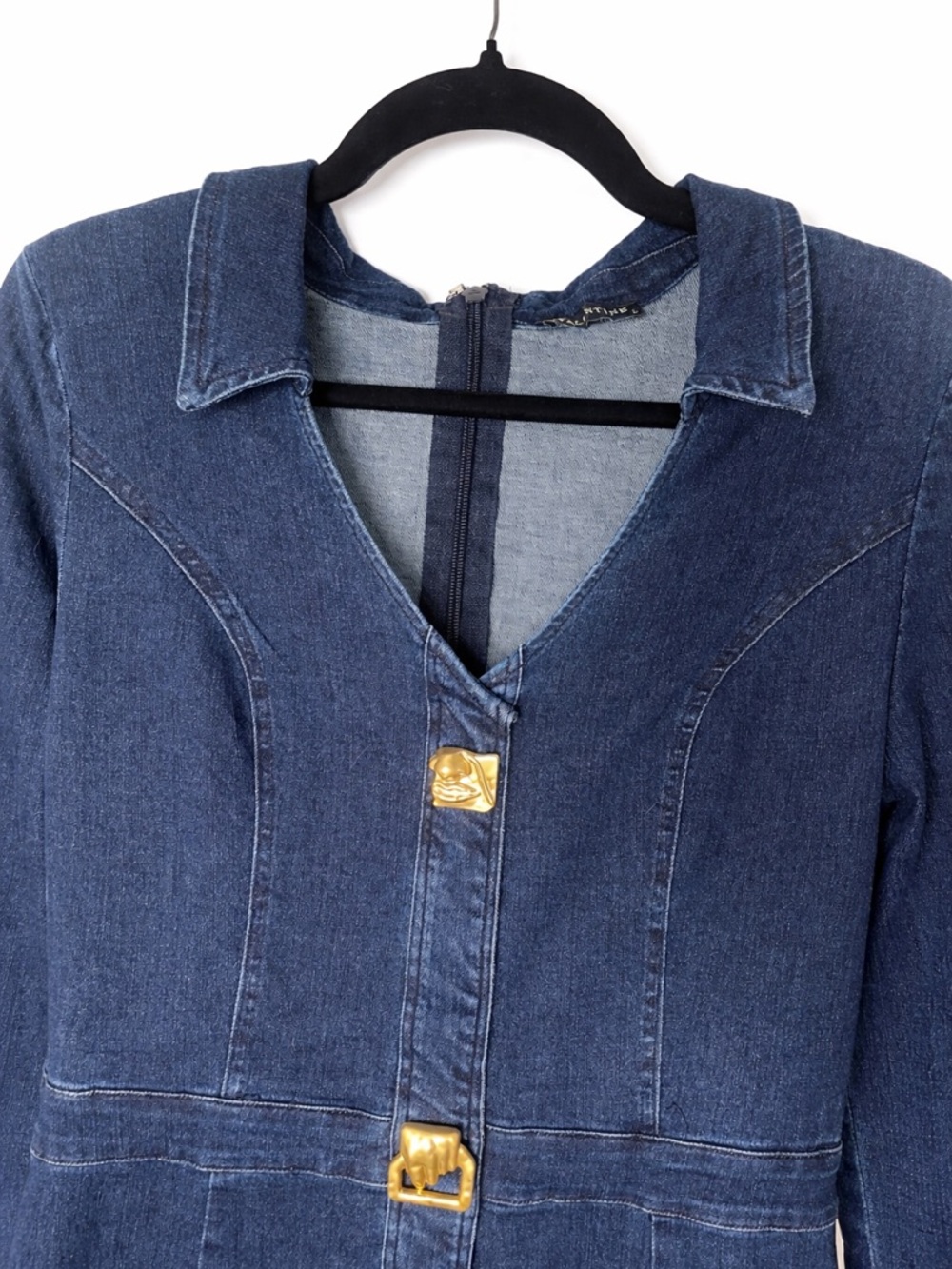 Indigo Denim Maxi Dress w/ Gold Buttons | Tailored Fit | Chic Luxe - Picture 7 of 16